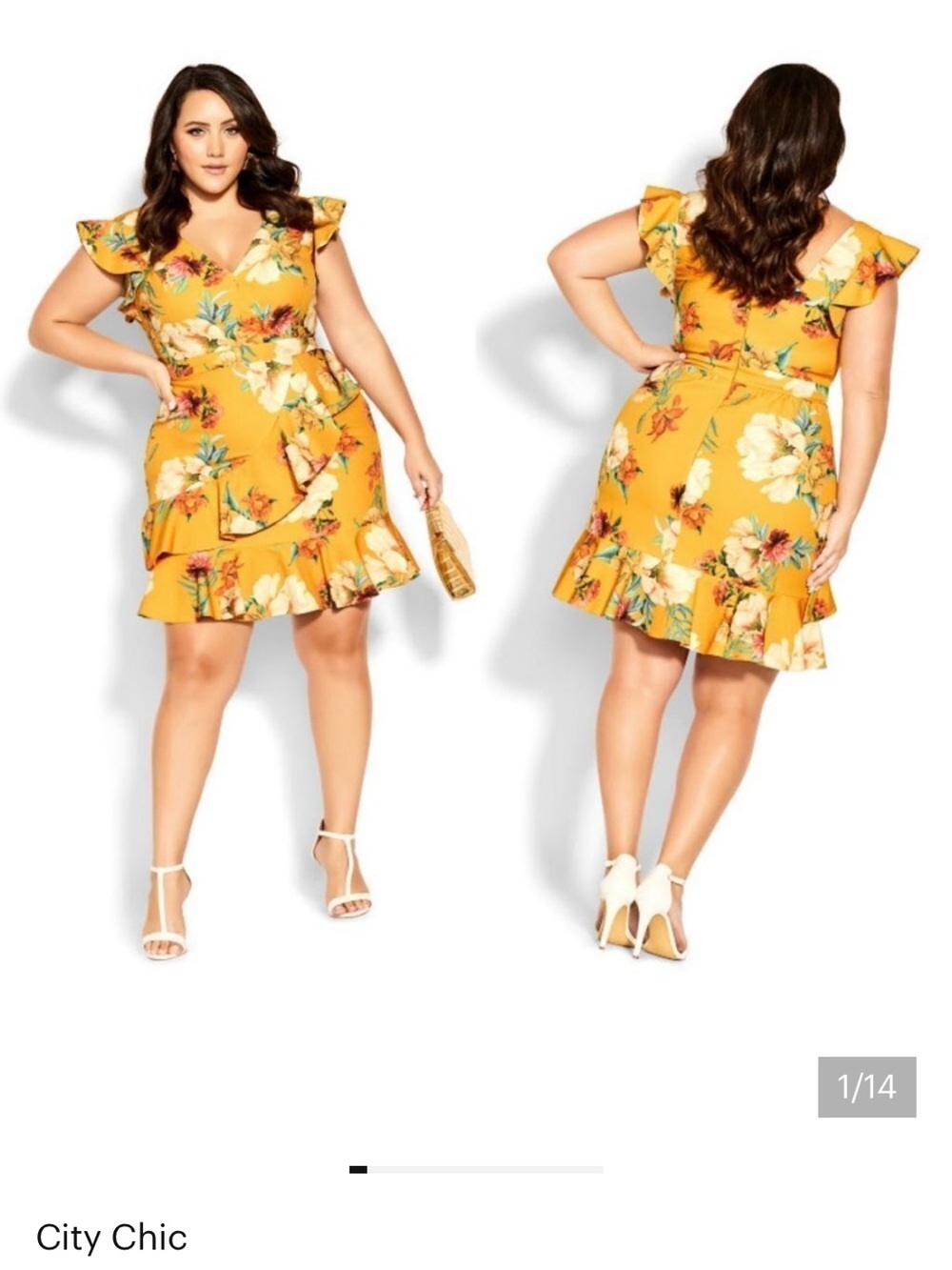 City Chic Golden Flutter Cap Sleeve V-Neck Mini Floral Wrap Short Dress New 22
